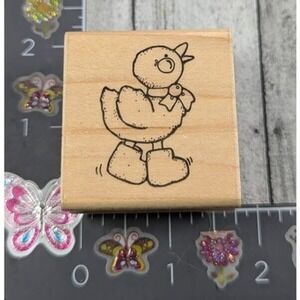 Dots Duck Wearing Boots Bow Rubber Stamp Wood #B52
